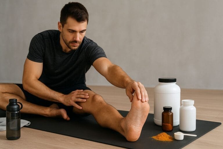 Hombre realizando estiramiento de isquiotibiales después del entrenamiento con suplementos naturales para la recuperación muscular como magnesio, cúrcuma y colágeno.