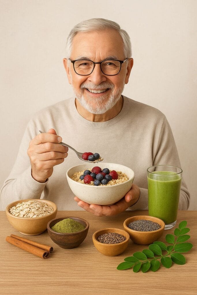 Adulto mayor disfrutando de un desayuno saludable con avena, moringa, semillas y batido verde para controlar el azúcar de manera natural.