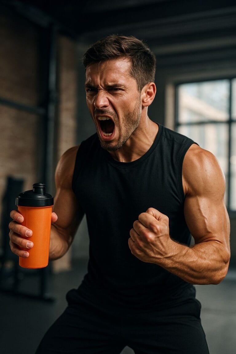 Hombre joven y musculoso entrenando con intensidad en un gimnasio, gritando con energía mientras sostiene una botella deportiva naranja en la mano derecha y aprieta el puño izquierdo.