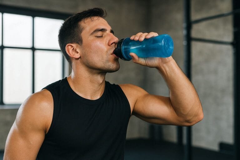 Persona haciendo ejercicio y bebiendo agua de una botella deportiva para una hidratación óptima en el entrenamiento.