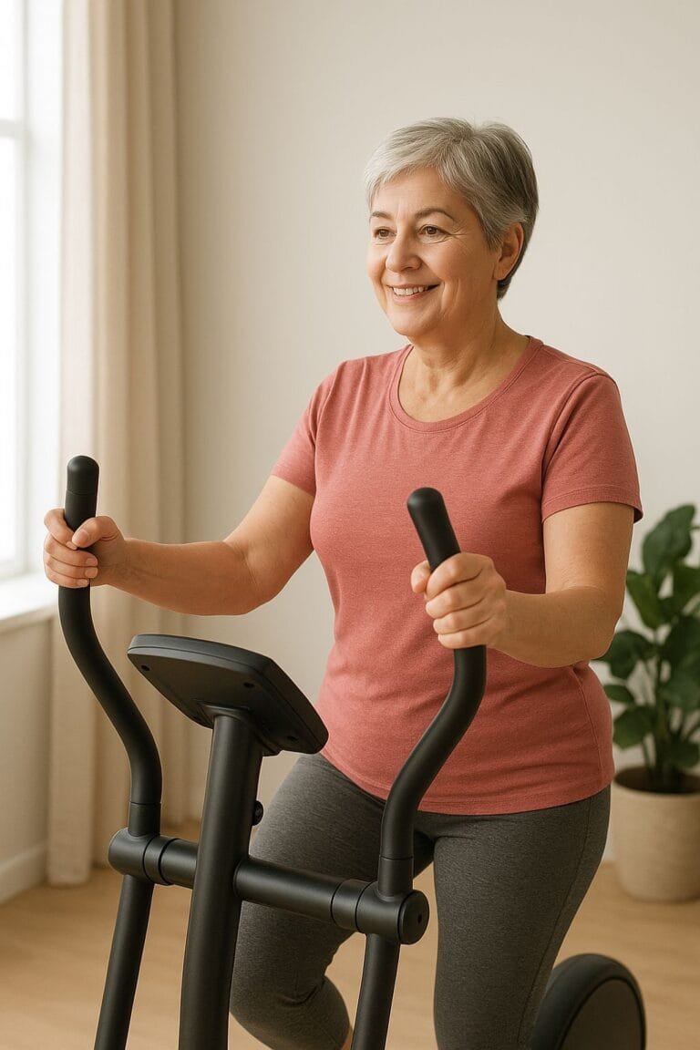 Mujer de 45 años realizando estiramiento de bajo impacto en colchoneta, junto a suplementos naturales como colágeno y cúrcuma, para fortalecer articulaciones después de los 40.