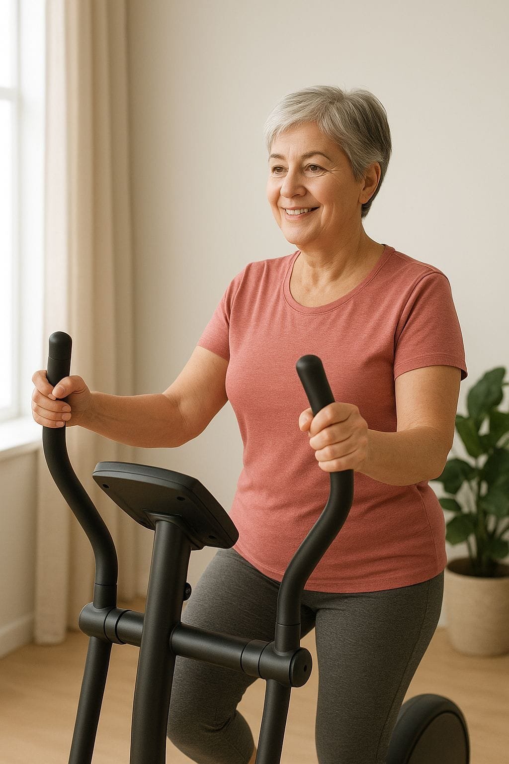 Mujer de 45 años realizando estiramiento de bajo impacto en colchoneta, junto a suplementos naturales como colágeno y cúrcuma, para fortalecer articulaciones después de los 40.
