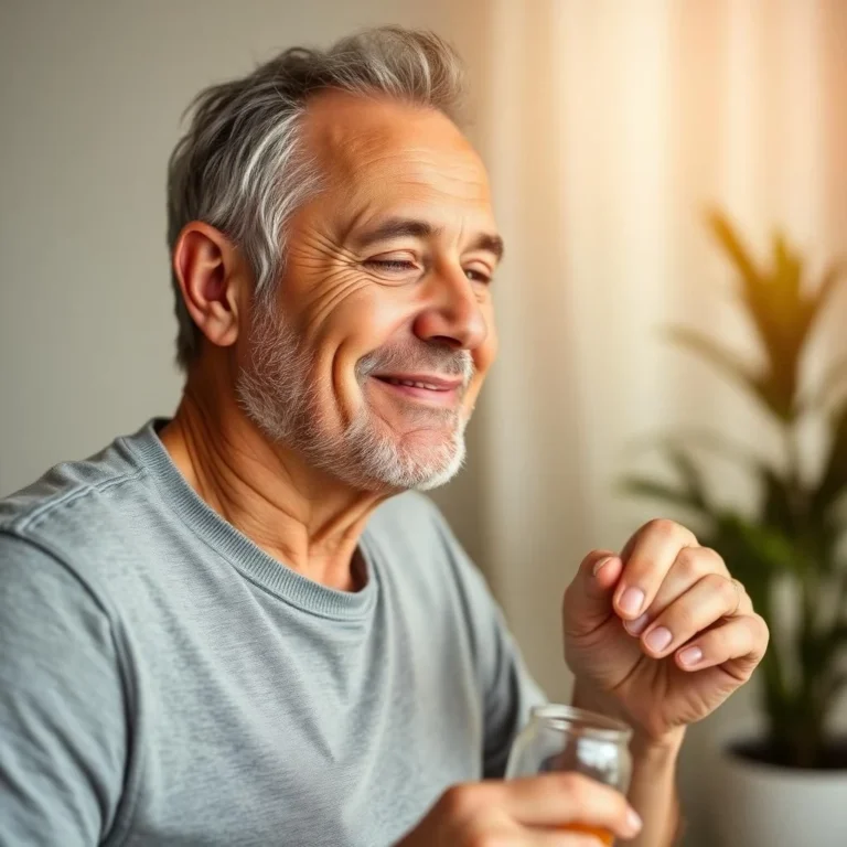 Adulto mayor sonriente sosteniendo un frasco de suplementos para fortalecer huesos, articulaciones y energía diaria, salud en la tercera edad.